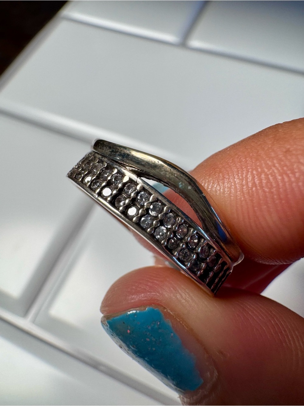 Sterling Silver Double Band Crystal Accent Ring - Silver